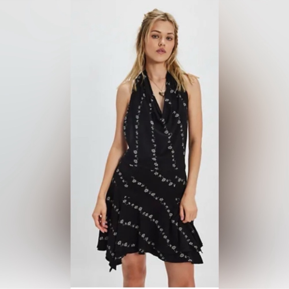 Free People Electric Days Printed Mini Dress. NWT. Black with white flowers